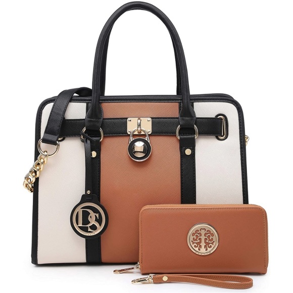 Vegan saffiano leather top handle handbag set with matching wristlet wallet - Picture 1 of 2